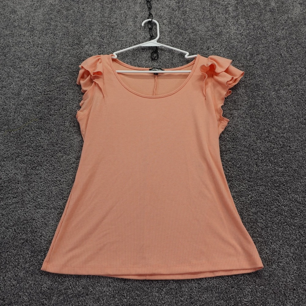 Express Top Womens Small Orange Peach Ribbed Knit Scoop Neck Ruffle Sleeve